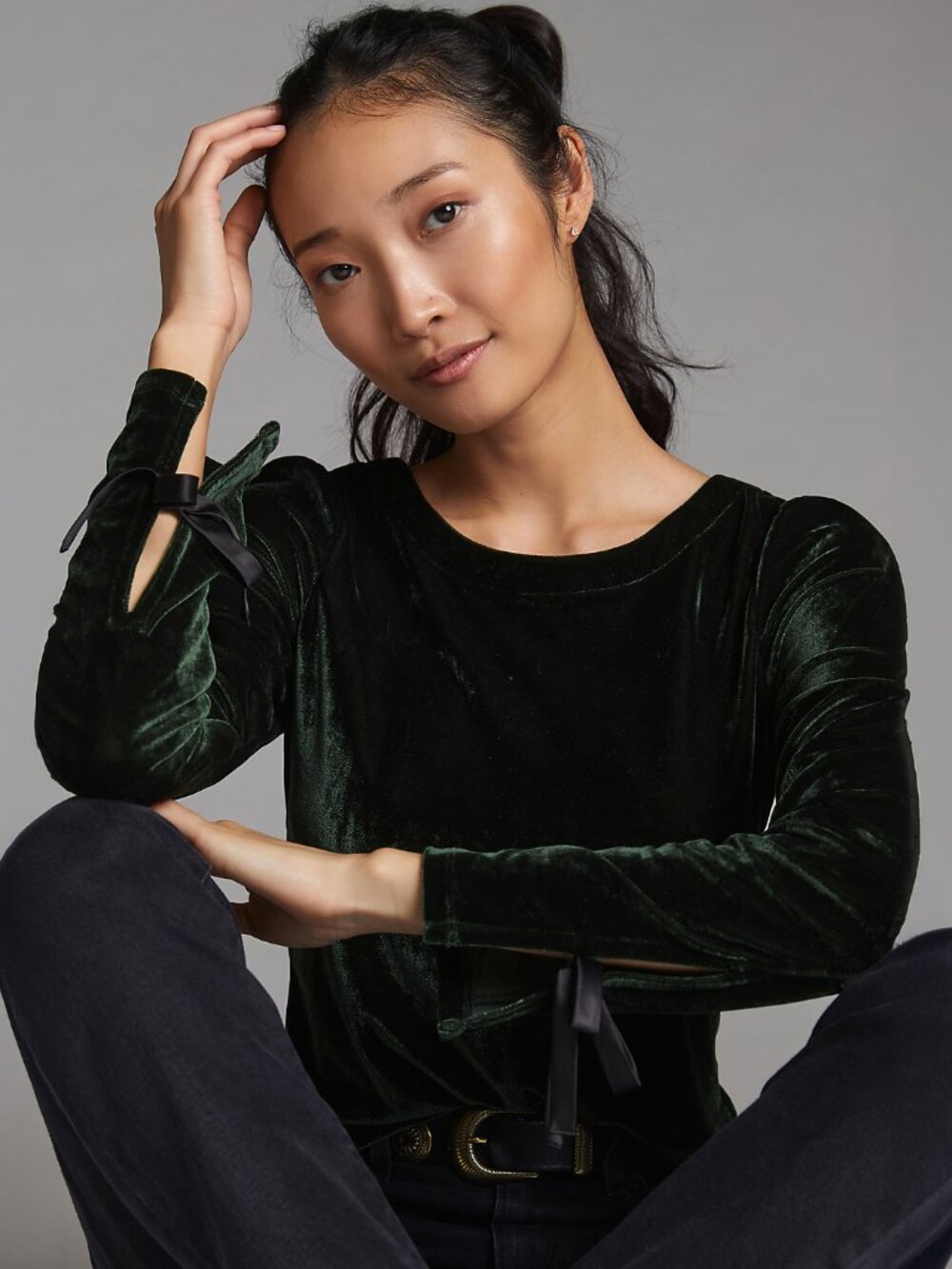 By Anthropologie Open-Back Velvet Top in Dark Green - sz Large